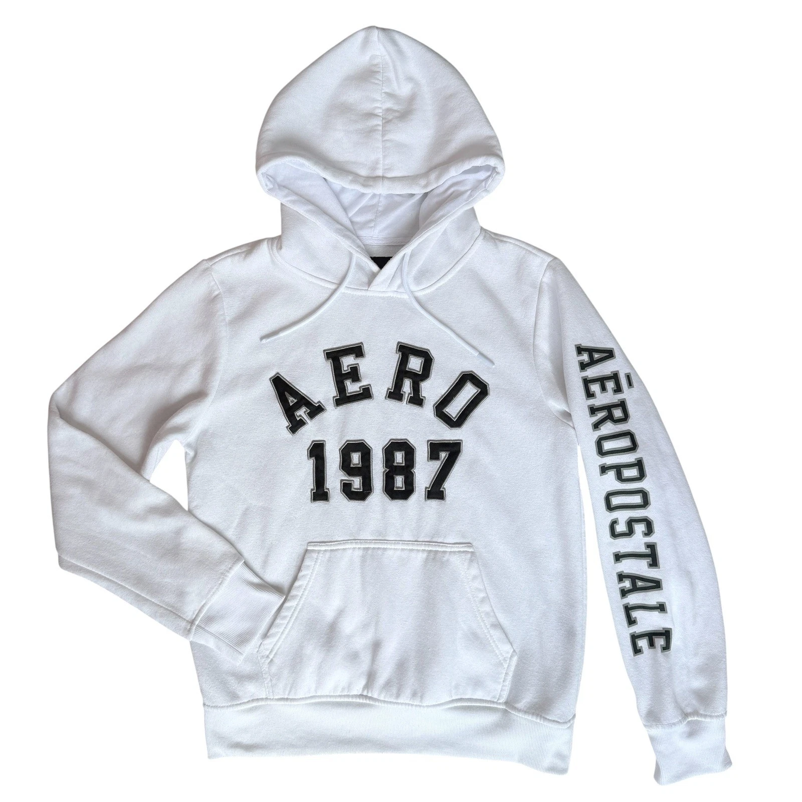 Aeropostale Mens Graphic Logo Pullover Hoodie Medium White Collegiate Loungewear