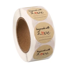 1Roll 500 Pcs A09 Handmade with Love Stickers,Kraft Paper Labels, Brown