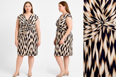 Roz & Ali Plus 18 Twist Front Sheath Dress Midi Sleeveless Stretch Ikat Abstract