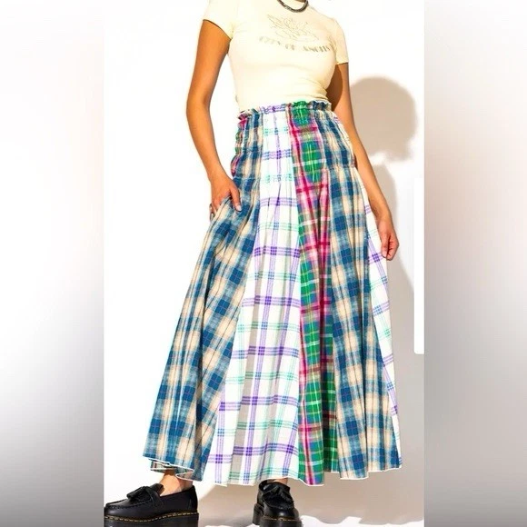 Maxi Falda Boho Campesina Fruncida Talismán Balmoral Tierras Altas Yugo a Cuadros Grande Foto 2 de 2