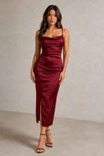 PrettyLittleThing Burgundy Satin Cowl Neck Ruched Midi Dress UK 8 BNWT party