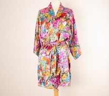 Vtg CALIFORNIA DYNASTY Kimono Robe L Floral Silky Satin Wrap Pocket Belt USA