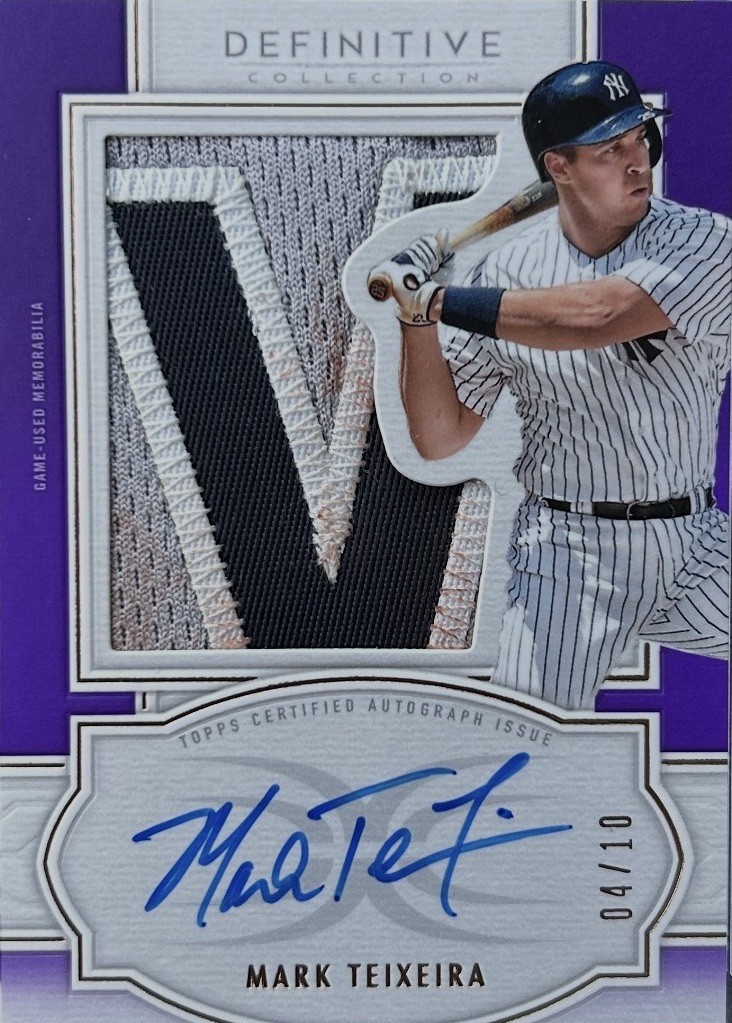 2020 Topps Definitive GAME USED DIRTY Patch Auto Purple /10 Mark Teixeira PSA 9 view 2