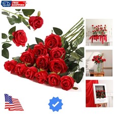 12PCS Artificial Flowers Fake Roses, Realistic Silk Long Stem Red Roses Bouqu...