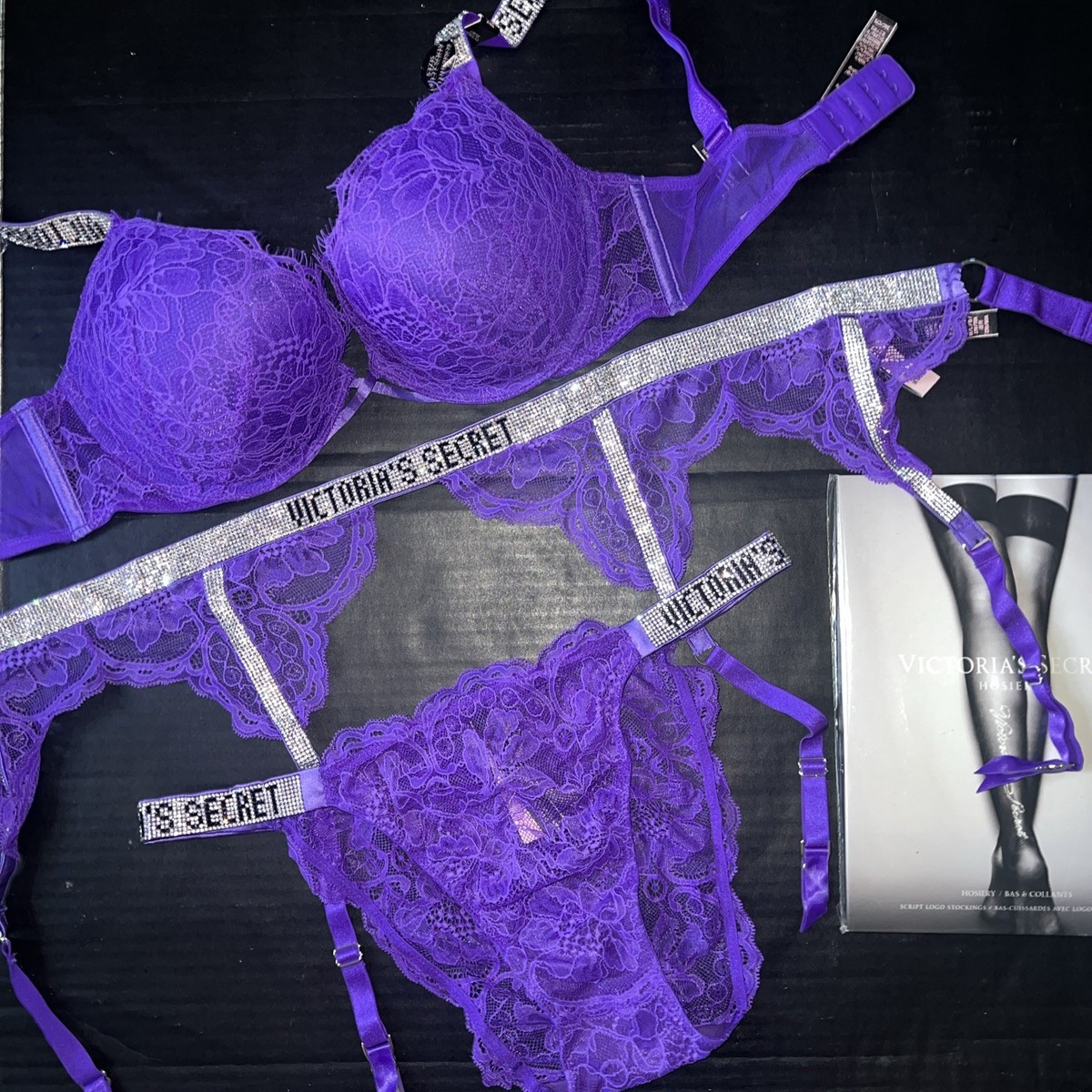 Victoria's Secret 36D BOMBSHELL BRA SET+garter+M panty neon Purple