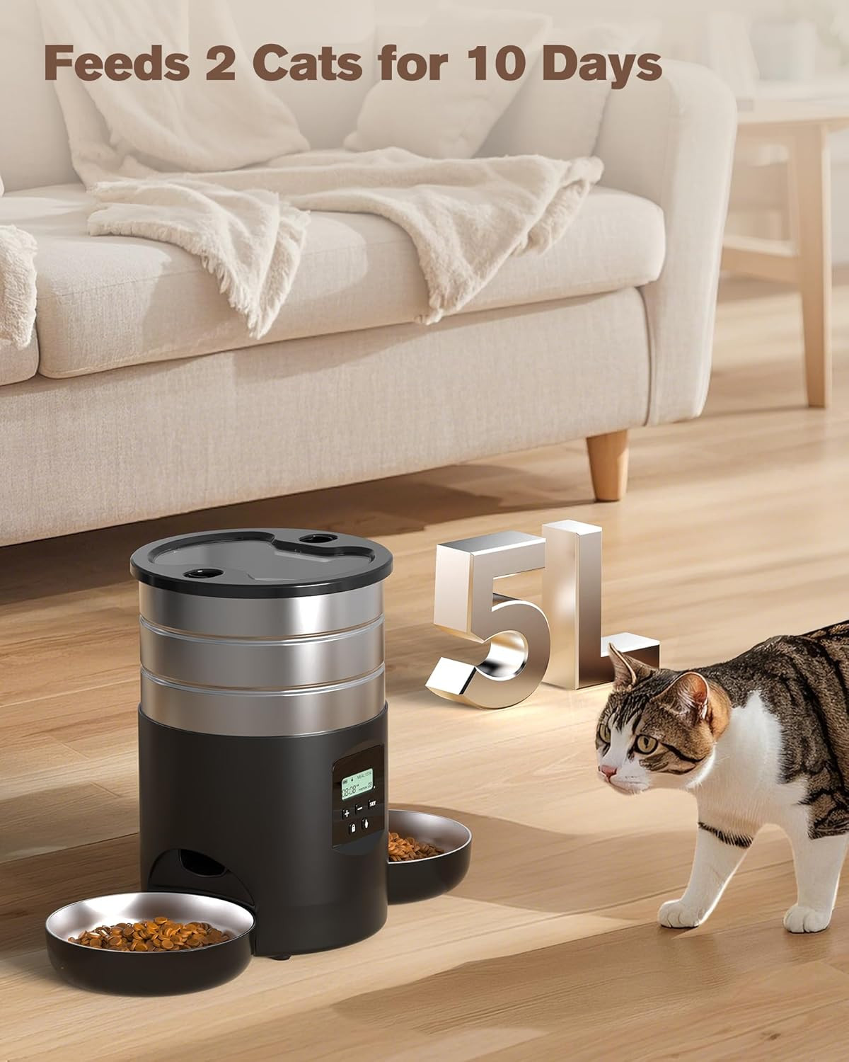 Distributore Automatico Cibo Gatti Doppio: Dispenser Crocchette Gatto Acciai Ino - 4