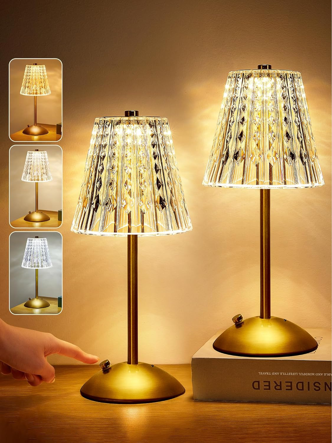 Dimmable Crystal Table Lamp Set of 2 for Nightstands with Adjustable Lighting