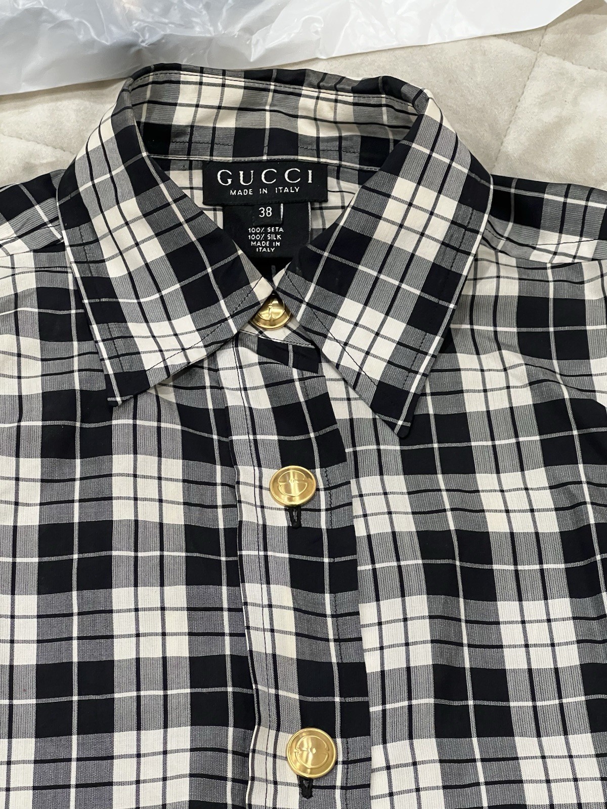 GUCCI Women Silk Blouse Shirt Gold GG Buttons IT 40 (Small / US 4)