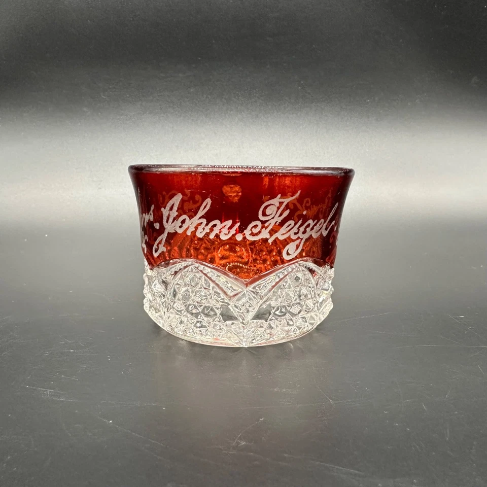 Antique Ruby Red Flash Glass Cup Souvenir Etched Mug EAPG Vintage Mrs Fiegel - Image 3 of 4