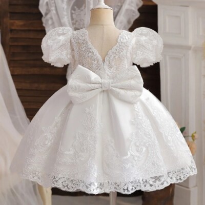 Baby Bow Birthday Princess Dress Girl Embroidery Flower Beaded Tutu Gown Party