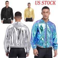 Men's Metallic Jacket Lightweight Zip Up Shiny Holographic Baseball Varsity