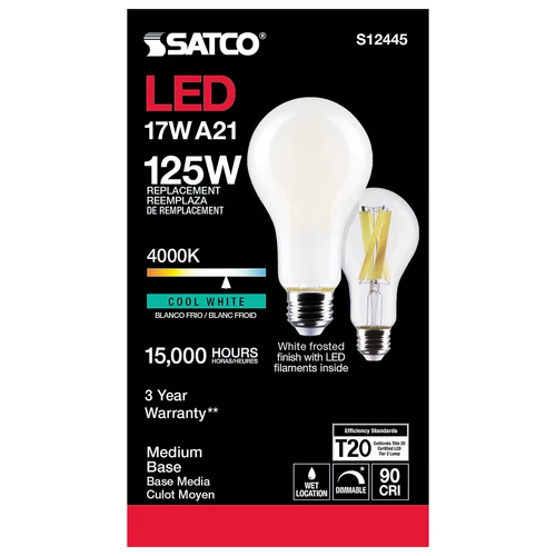 Satco S12445 LED 120 Volt 17W =125W A21 Medium E26 Dimmable 4000K Cool White - Picture 7 of 12