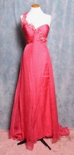 SHERRI HILL CORAL SILK SILVER FLOWERS ONE SHOULDER PROM FORMAL GOWN DRESS 10 12