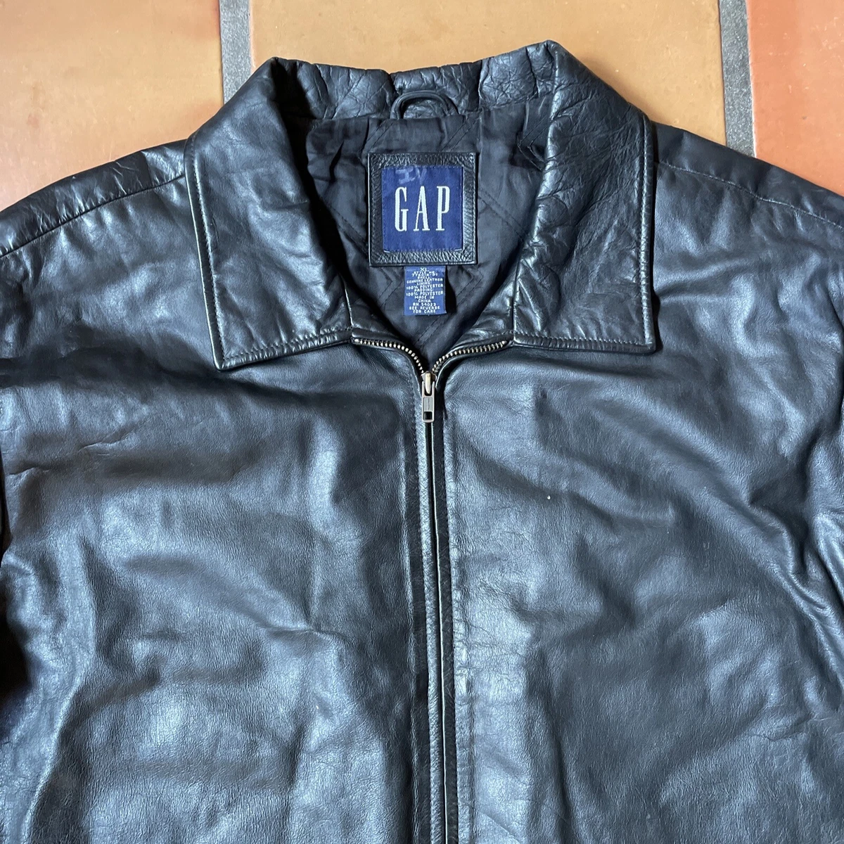 Vintage GAP Mens XL Clasdic Black Leather Biker Jacket Full Zip Y2K 2000 Vtg EUC