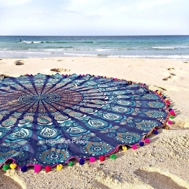 Round Indian Handmade Beach Yoga Mat Rug Hippie Peacock Mandala Round  Tapestry