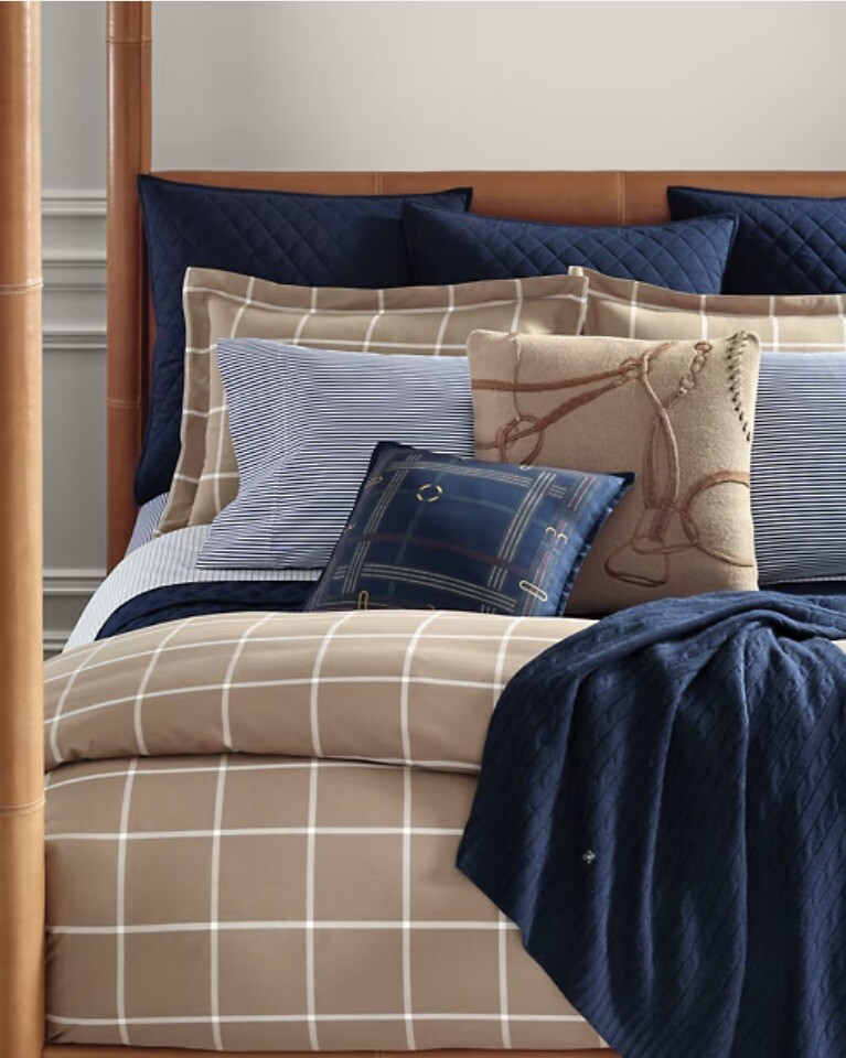 Ralph Lauren Modern Equestrian Windowpane Camel & Cream King Duvet