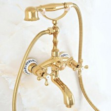 Gold Color Brass Clawfoot Bath Tub Tap Faucet  Telephone Handheld Shower Zna806