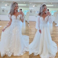 Long Sleeves Wedding Dresses White V Neck Beach Ivory Lace A Line Bridal Gowns