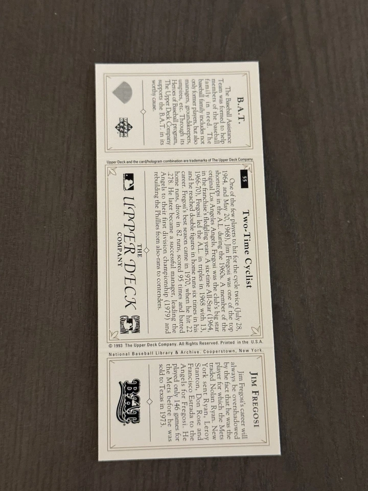 1993 Upper Deck BAT Triple-Folders #55 JIM FREGOSI Baseball Card - Image 2 of 4