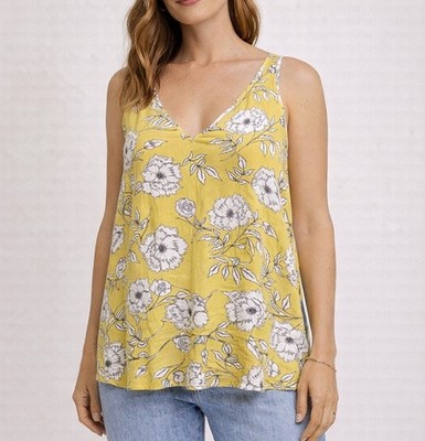 Lush Yellow Floral Blouse Large Sleeveless Boho Tank Top Flowy Spring Summer
