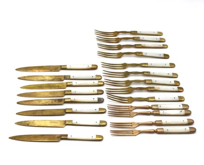 schöne alte Obstmesser Gabeln (4+9) Messer (8) Messing Klingen Perlmutt Griffe - Bild 1 von 4