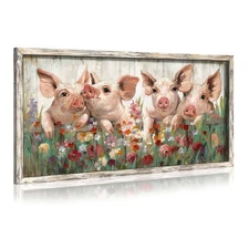 Pig Wooden Framed Wall Art: Rustic Farmhouse Artwork Funny Cute Pink Piggy Fa...