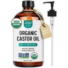 Organic Castor Oil with Pump 16oz Glass Bottle, USDA Certified Organic, Cold ...