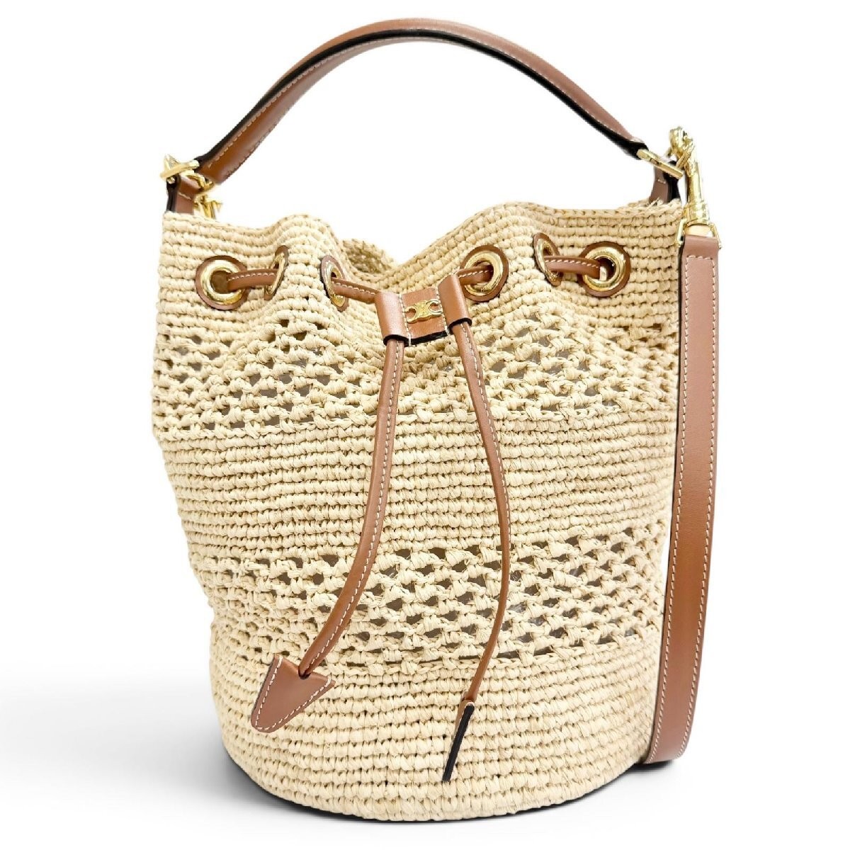 Celine Teen Triomphe Raffia Calfskin Bucket Bag Natural Brown With Dust Bag