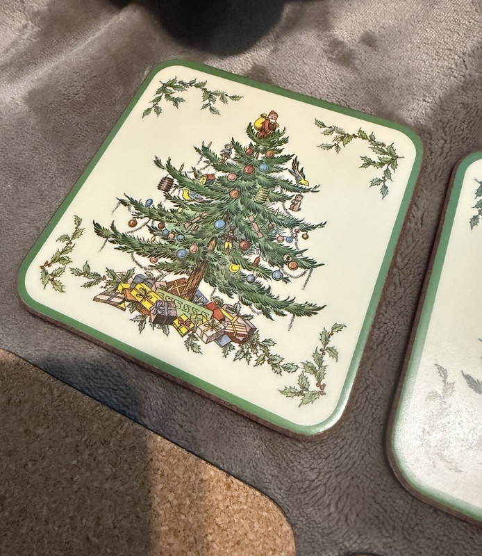 Spode Christmas Tree Square Coasters Set of 6 Acrylic Cork England 4.25"