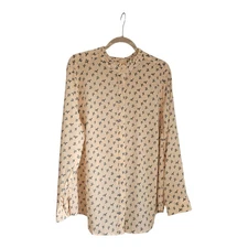 Loft Size 16 Womens Blouse Pink Blue/Grey Bird Print Hidden Buttons Ruffle Neck