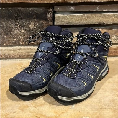 Salomon X Ultra Wide Gore Tex High Top Hiking Boots Blue and Yellow
