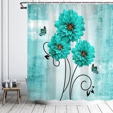 Teal Floral Shower Curtain Turquoise Blue Dahlia Flowers and Butterfly Fabric