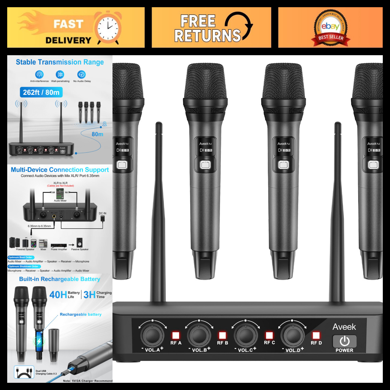 Wireless Microphone System 4 Pack - 262FT Range, Low Latency, Ideal for Events