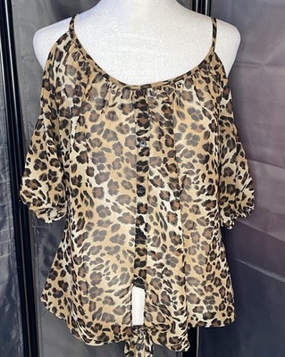 Women's Sheer Animal Cheetah Leopard Print Tie waist Cold shoulder  Top shirt  M