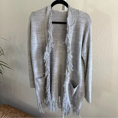 Willow & Clay Cardigan Fringe Sweater Gray Women's Small Hooded Open Knit Boho - Image 1 of 4