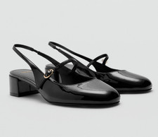 NEW MANGO MNG BLACK PATENT BLOCK HEEL SLINGBACK BUCKLE PUMPS SHOES 37 US 6.5