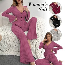 Womens Ribbed V-Neck Loungewear Set Long Sleeve Ruffle Bell Sleeve Top  Pants