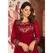 Party Stylish Salwar Kameez Pant Suits Red Color Sequence Worked Dupatta Suits