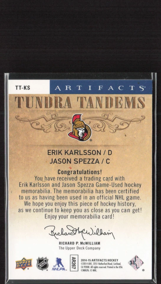 2014-15 Artifacts #TT-KS Erik Karlsson Jason Spezza Tundra Tandems Jerseys - Image 2 of 2