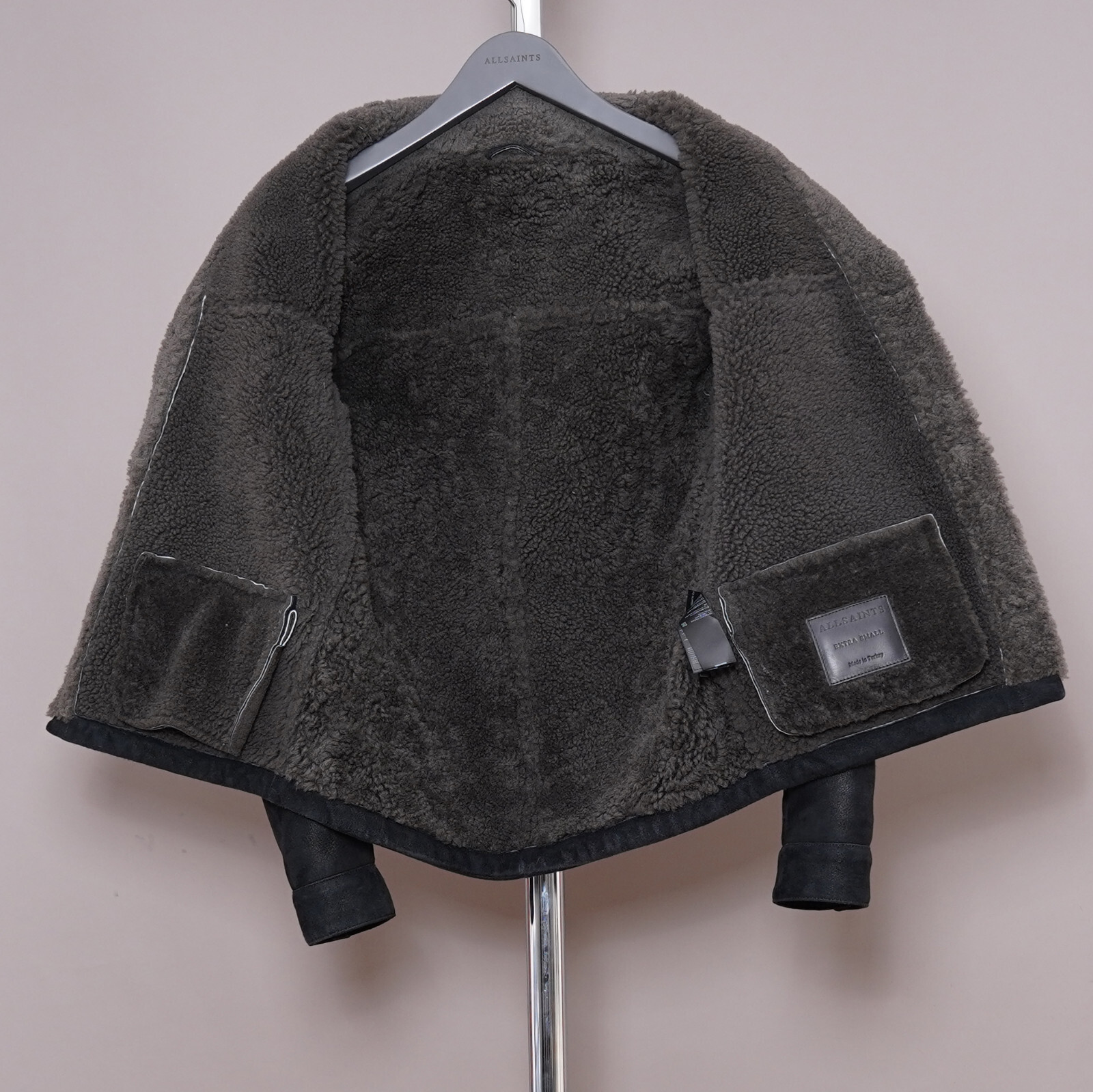 ALL SAINTS Shearling Leather Jacket EXTRA SMALL Mens Black XS Sheepskin GARRICK