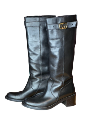 GUCCI Black Boots Knee High GG Logo Leather Riding Women's GUCCI Black Boots Knee High GG Logo Leather Riding Women's