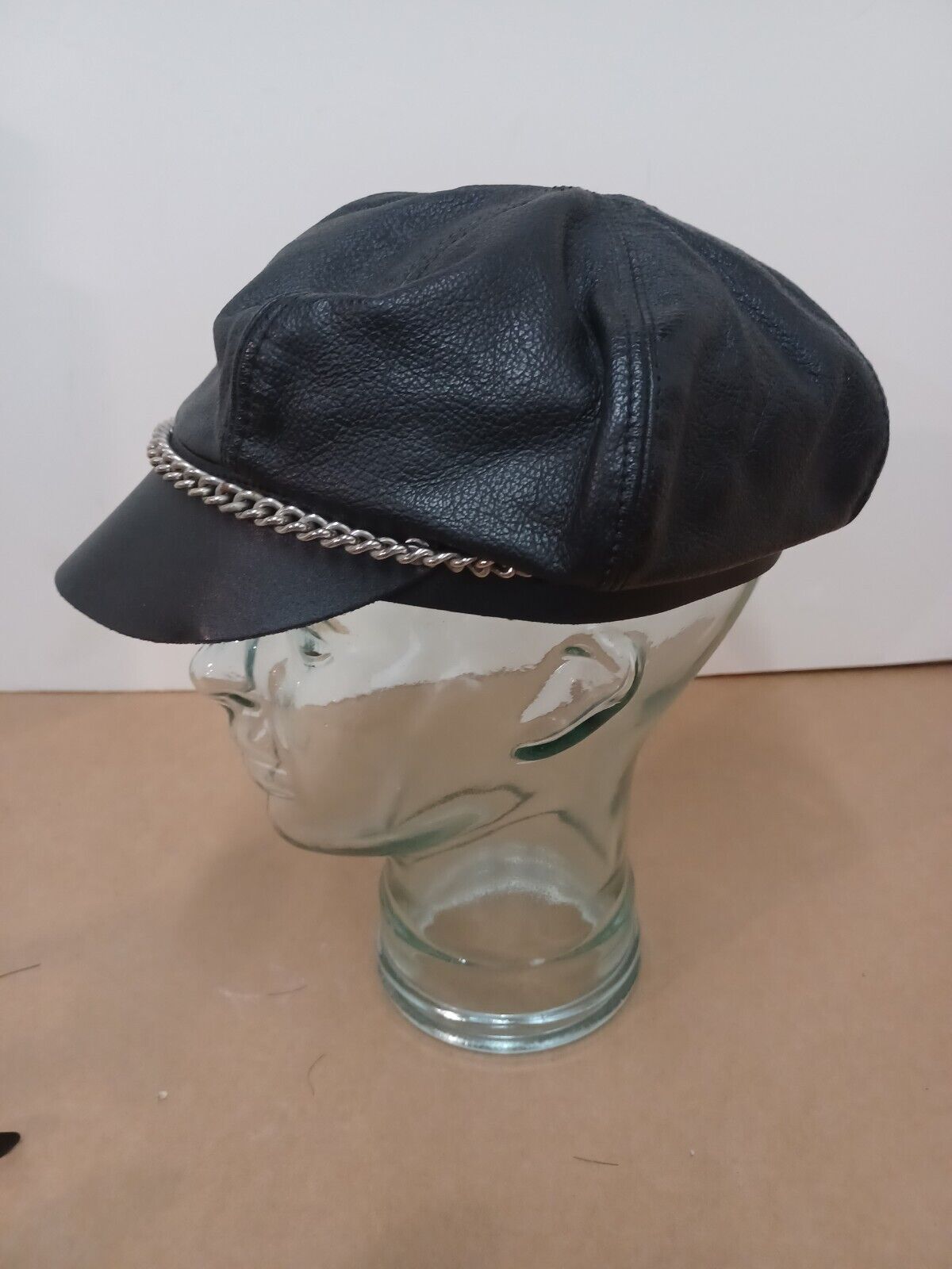 Vintage Black Leather Motorcycle Biker Cap Captain Hat Chain Distressed one  size