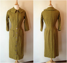 SALE SALE VTG 40s Pat Hartly Grey N Yellow Wool Checked Wiggle Dress Bust 34"