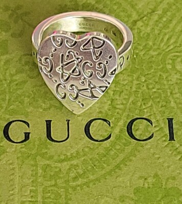 Authentic Gucci Ghost Heart Sterling Silver Graffiti GG Ring Size 13 US 6 NEW