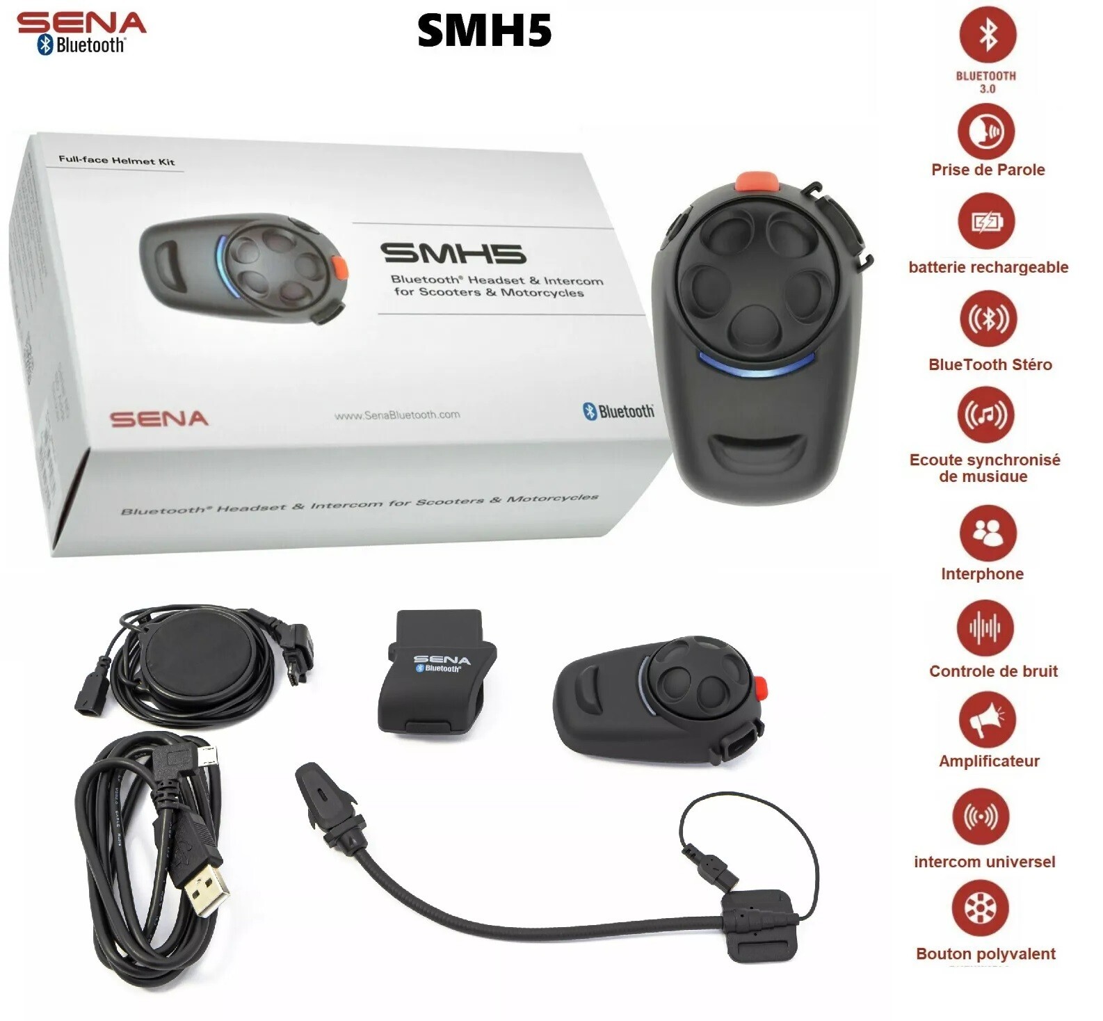 Casque bluetooth Sena SMH5 intercom universel moto scooter kit audio solo