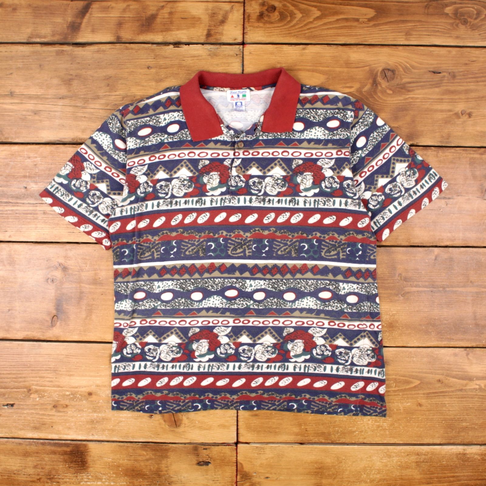 Vintage 90s Super Sports Abstract Multicolor Polo Tee Shirt Size L-image
