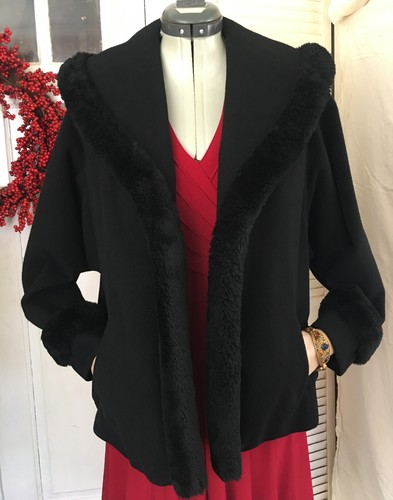 1940s THE House of Erdrich L Black 100% Virgin Wool Swing Jacket Faux Fur Trim - Picture 2 of 17