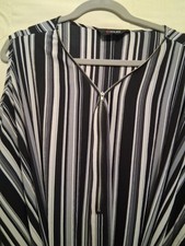 YOURS Long Cold Shoulder Black White Striped Dress Tie Waist Floaty Size 30 32