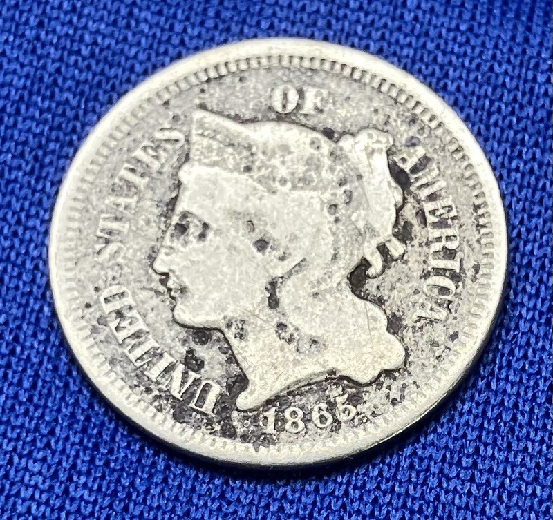 1865 United States Nickel Three-Cent Coin Very Good Condition (1865-1889)