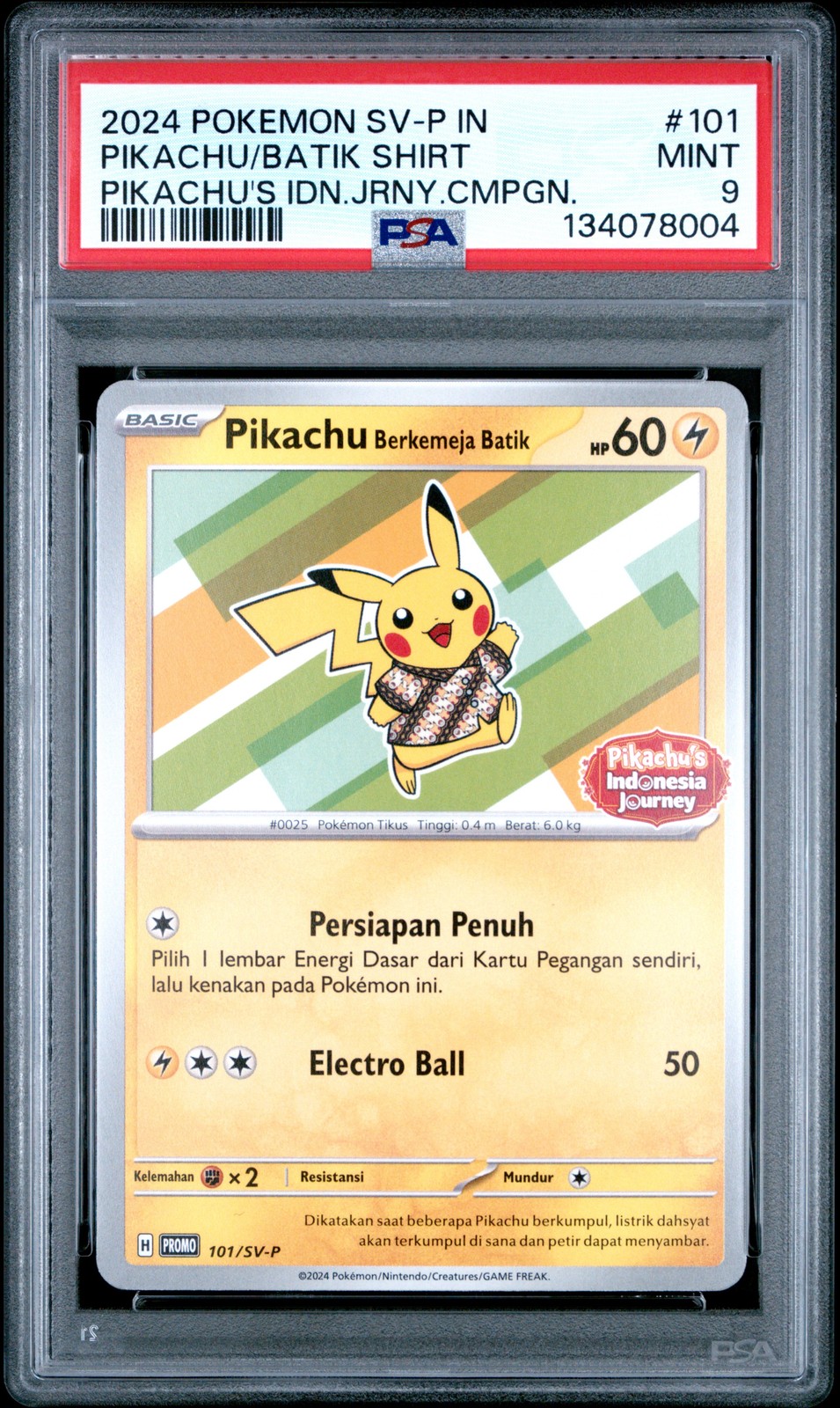 2024 POKEMON INDONESIAN SV-P PROMO #101 PIKACHU IN BATIK SHIRT PSA 9